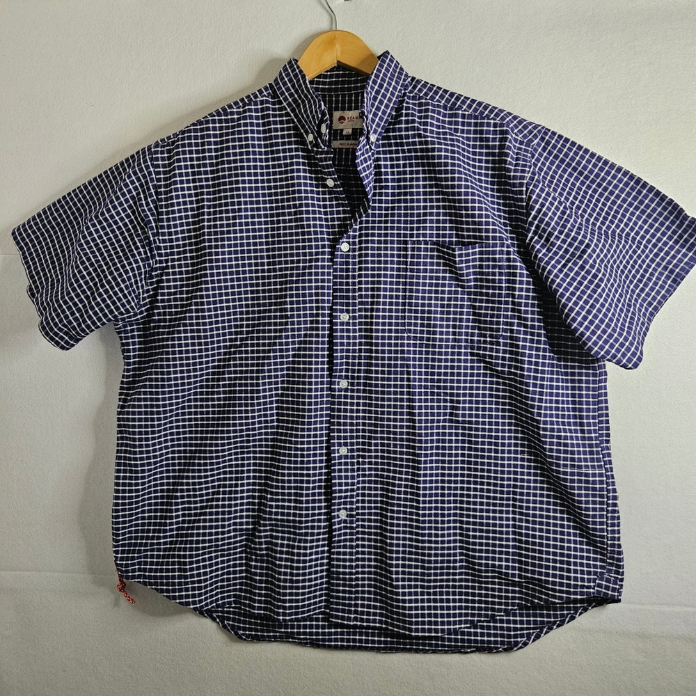 Beams Japan Mens XL Short Sleeve Button Down Shirt Navy Grid Check Cotton
